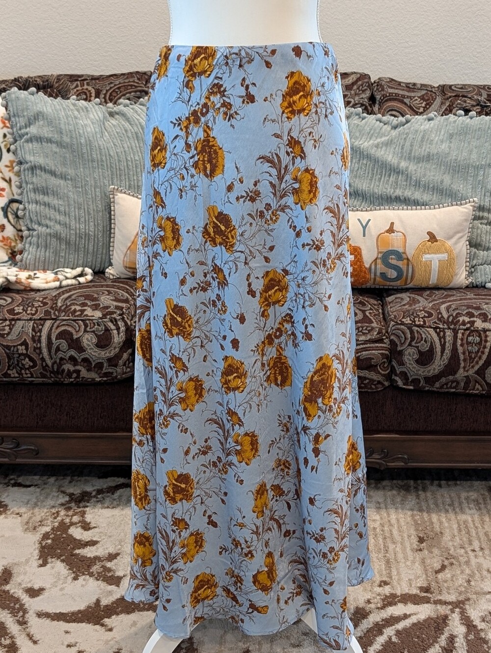 Floral A-Line Maxi Skirt in Light Blue with Mustard Bloom